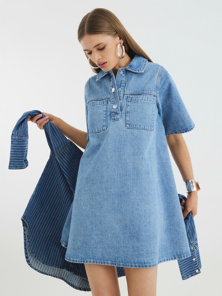 River Island Light Blue 100% Cotton Denim Shirt Collar Dress - Image 1 of 4 River Island Light Blue 100% Cotton Denim Shirt Collar Dress - Image 1 of 4
