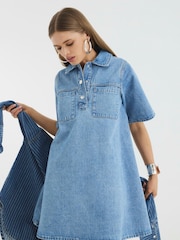 River Island Light Blue 100% Cotton Denim Shirt Collar Dress - Image 2 of 4