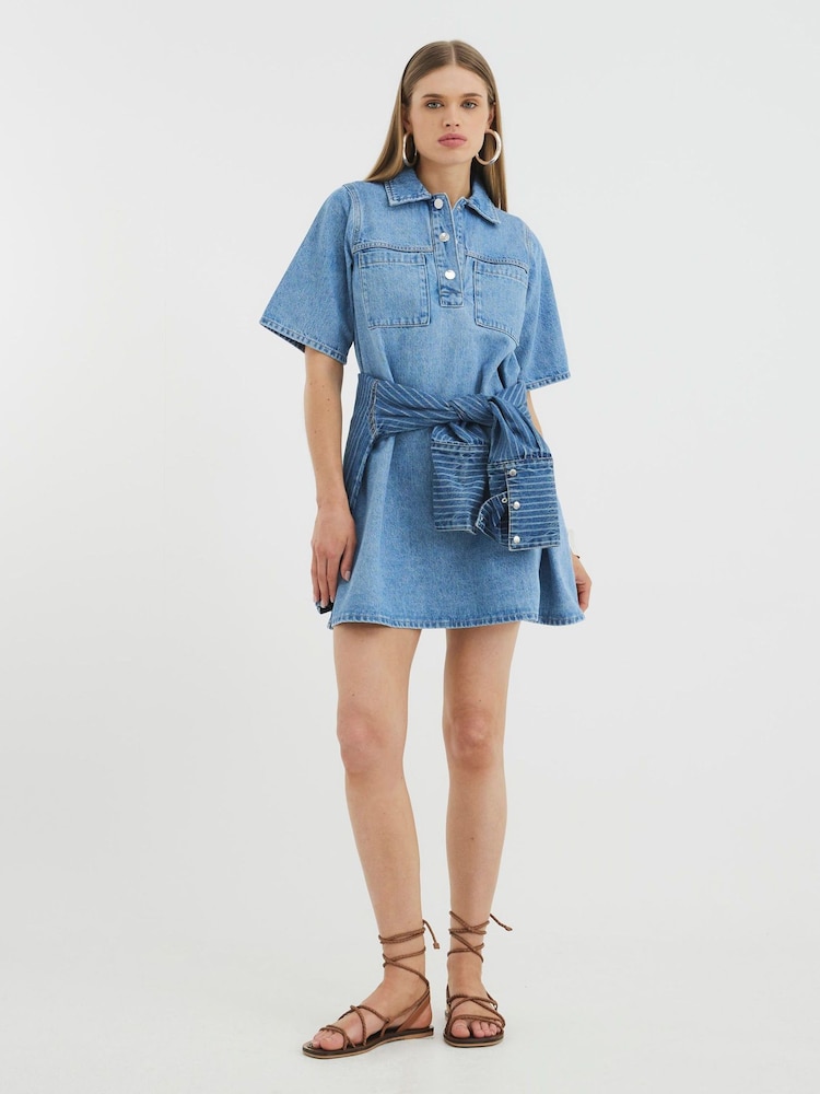 River Island Light Blue 100% Cotton Denim Shirt Collar Dress - Image 2 of 4 River Island Light Blue 100% Cotton Denim Shirt Collar Dress - Image 2 of 4