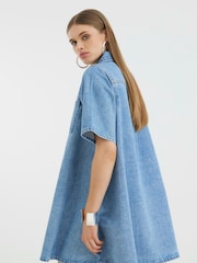 River Island Light Blue 100% Cotton Denim Shirt Collar Dress - Image 3 of 4