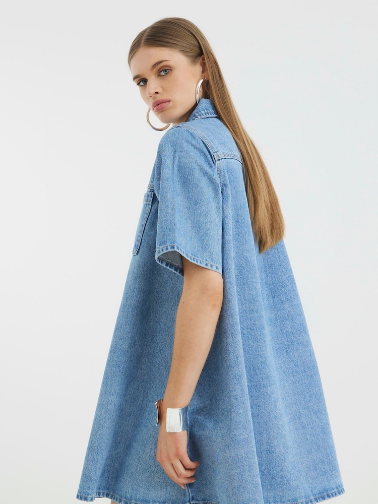 River Island Light Blue Shirt Collar 100% Cotton Dress - Image 3 of 4