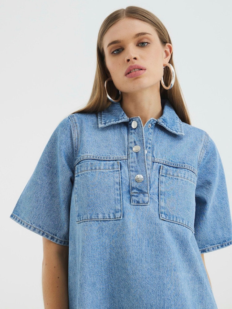 River Island Light Blue 100% Cotton Denim Shirt Collar Dress - Image 4 of 4 River Island Light Blue 100% Cotton Denim Shirt Collar Dress - Image 4 of 4
