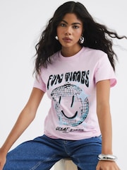 River Island Pink Short Sleeve Disco Smiley 100% Cotton T-Shirt - Image 1 of 4