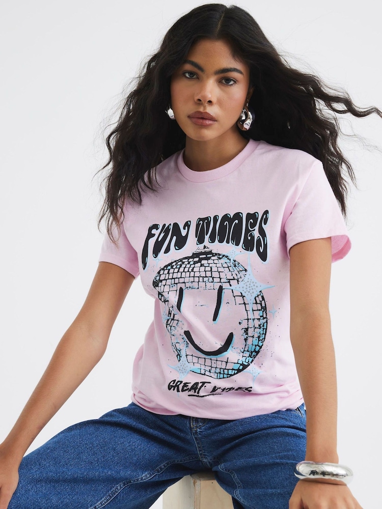 River Island Pink Short Sleeve Disco Smiley 100% Cotton T-Shirt - Image 1 of 4