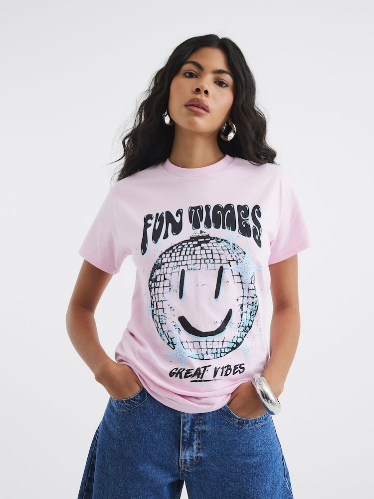 River Island Pink Short Sleeve Disco Smiley 100% Cotton T-Shirt - Image 2 of 4