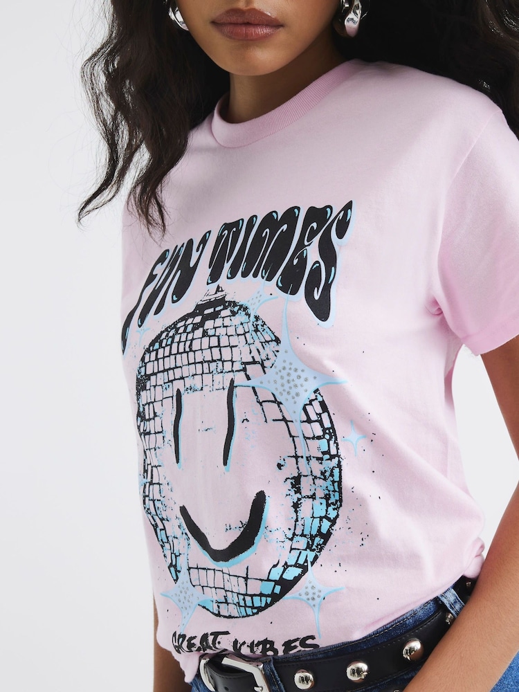 River Island Pink Short Sleeve Disco Smiley 100% Cotton T-Shirt - Image 4 of 4