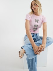 River Island Pink Diamante Bow Ribbed T-Shirt - Image 1 of 4