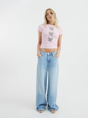 River Island Pink Diamante Bow Ribbed T-Shirt - Image 2 of 4