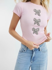 River Island Pink Diamante Bow Ribbed T-Shirt - Image 4 of 4