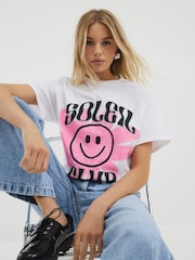 River Island White Soleil Smiley 100% Cotton T-Shirt - Image 1 of 4