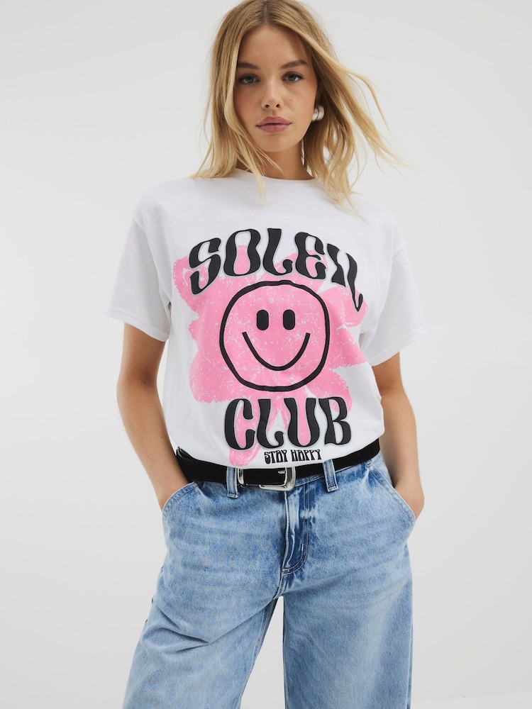 River Island White Soleil Smiley 100% Cotton T-Shirt - Image 4 of 4