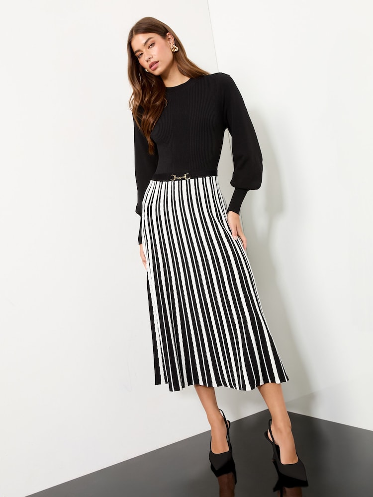 Lipsy Gold Snaffle Trim Crew Neck Long Sleeve Stripe Patterned Knitted Midi Dress - Imagen 1 de 4