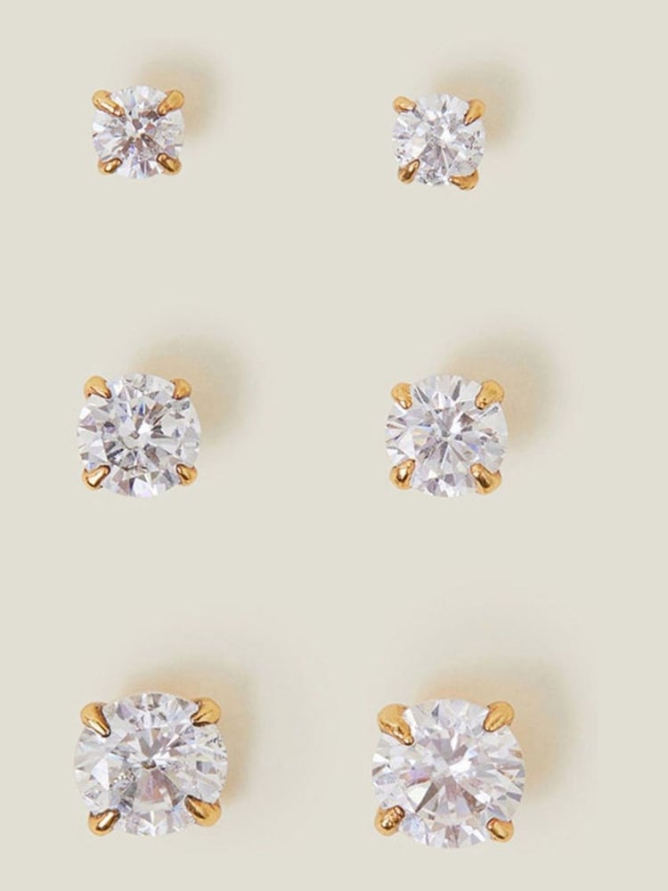 Accessorize Gold 14ct Crystal Stud Earrings 3 Pack - Image 1 of 3