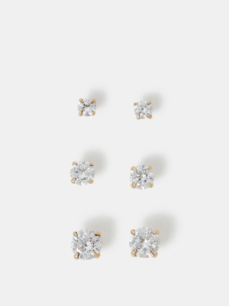 Accessorize Gold 14ct Crystal Stud Earrings 3 Pack - Image 2 of 3 Accessorize Gold 14ct Crystal Stud Earrings 3 Pack - Image 2 of 3
