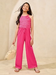 Lipsy Bright Pink Halter Crochet Corsage Holiday Shop Jumpsuit (5-16yrs) - Image 1 of 4