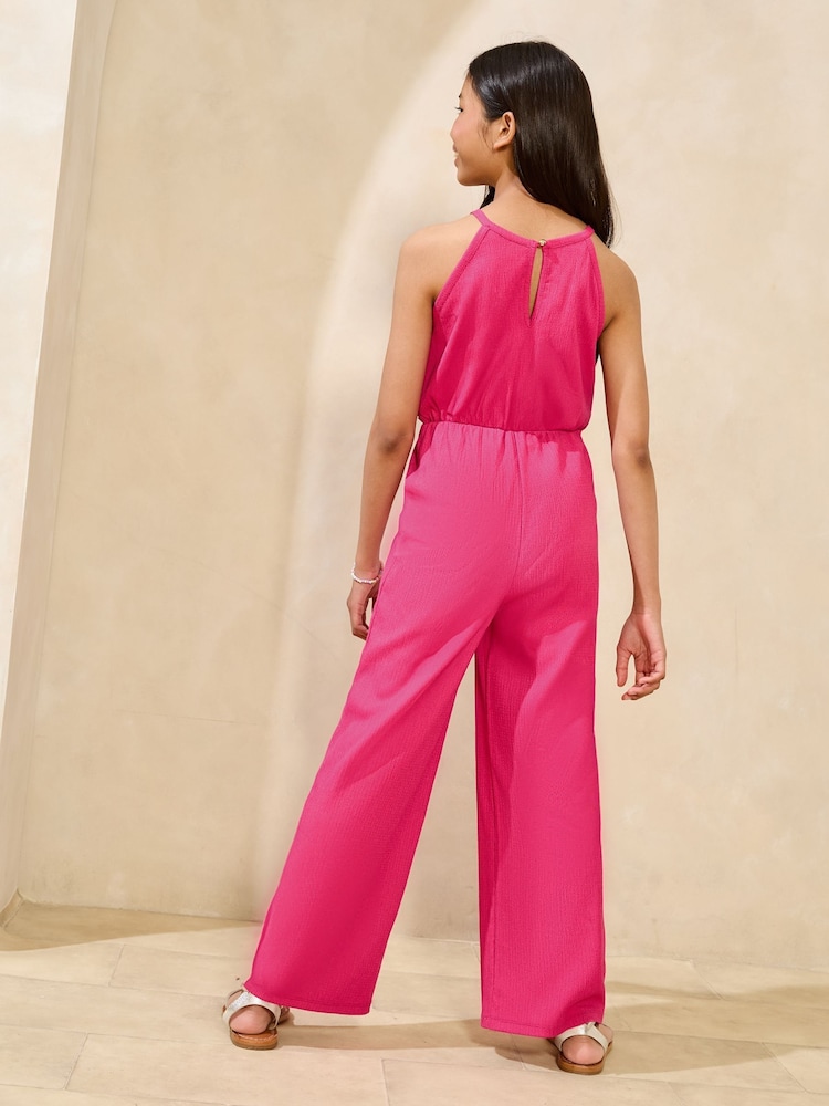 Lipsy Bright Pink Halter Crochet Corsage Holiday Shop Jumpsuit (5-16yrs) - Image 4 of 4