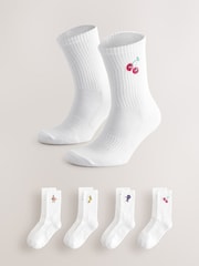 White Fun Fruit Embroidered Sports Socks 4 Pack - Image 1 of 10
