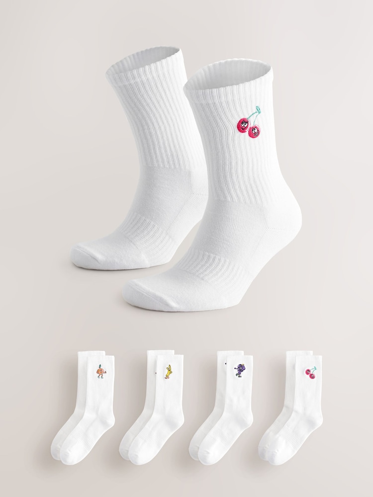 White Fun Fruit Embroidered Sports Socks 4 Pack - Image 1 of 10