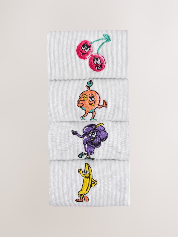 White Fun Fruit Embroidered Sports Socks 4 Pack - Image 2 of 10