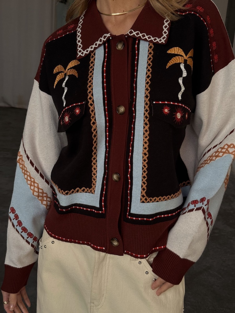 Never Fully Dressed Black Geometric Contrast Stitch Palm Print Knit Bomber Jacket - Image 1 of 5