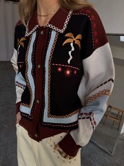 Never Fully Dressed Black Geometric Contrast Stitch Palm Print Cardigan - Image 14 of 22