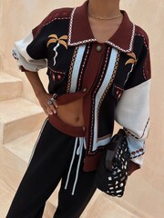 Never Fully Dressed Black Geometric Contrast Stitch Palm Print Cardigan - Image 15 of 22