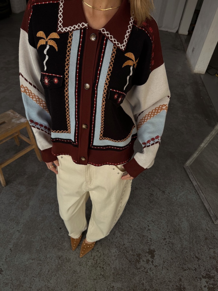 Never Fully Dressed Black Geometric Contrast Stitch Palm Print Knit Bomber Jacket - Image 2 of 5