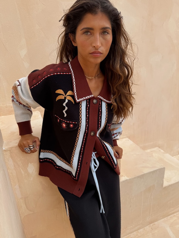 Never Fully Dressed Black Geometric Contrast Stitch Palm Print Cardigan - Image 22 of 22 Never Fully Dressed Black Geometric Contrast Stitch Palm Print Cardigan - Image 22 of 22