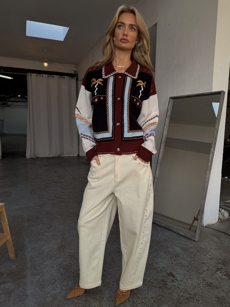 Never Fully Dressed Black Geometric Contrast Stitch Palm Print Knit Bomber Jacket - Image 5 of 5