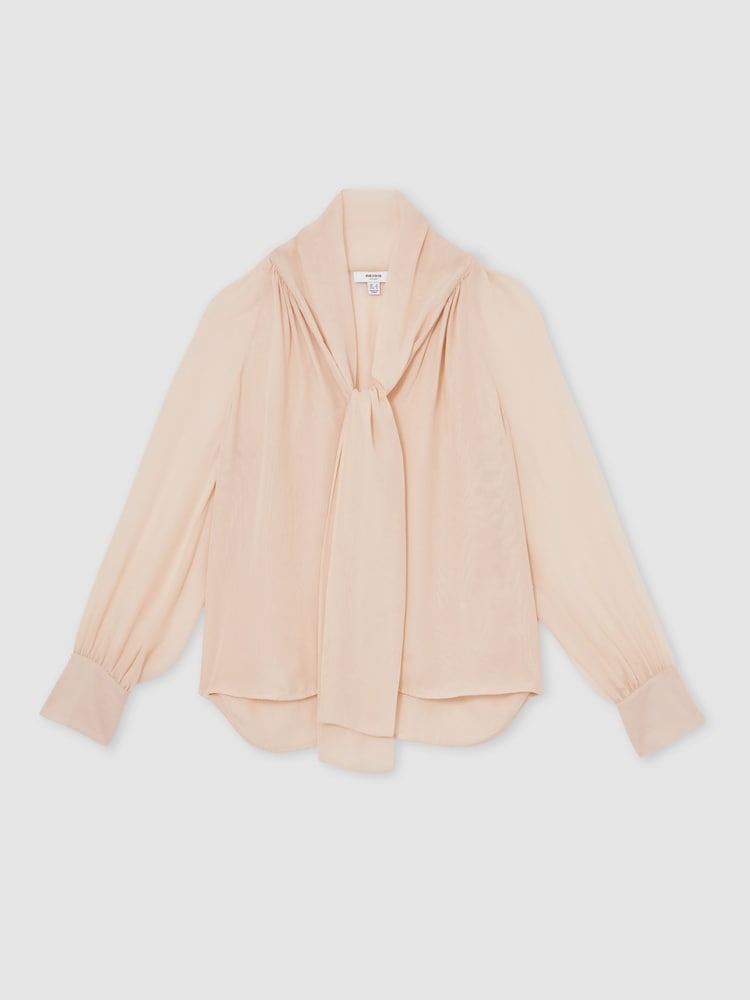 Reiss Pale Pink Tina Silk Blend Chiffon Tie-Neck Blouse - Image 2 of 6