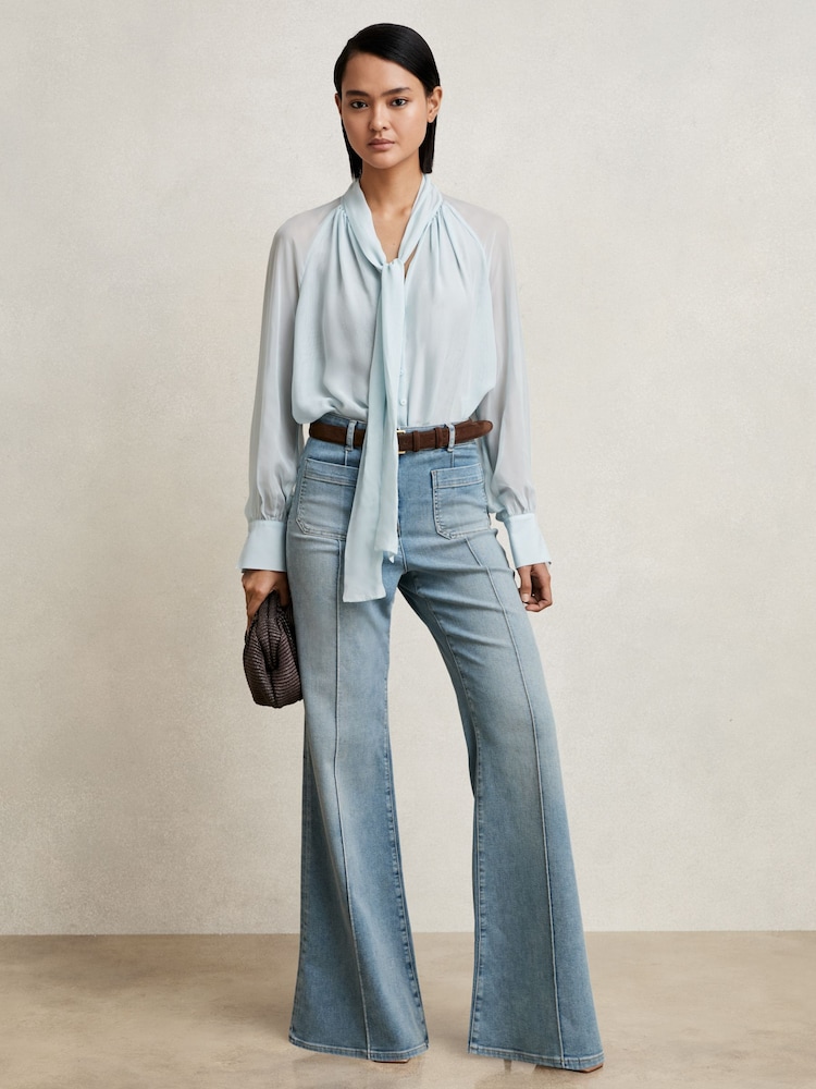 Reiss Pale Blue Tina Silk Blend Chiffon Tie-Neck Blouse - Image 1 of 7