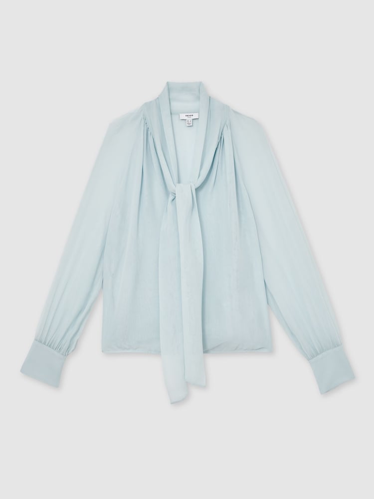 Reiss Pale Blue Tina Silk Blend Chiffon Tie-Neck Blouse - Image 2 of 7