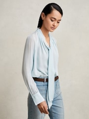 Reiss Pale Blue Tina Silk Blend Chiffon Tie-Neck Blouse - Image 3 of 7