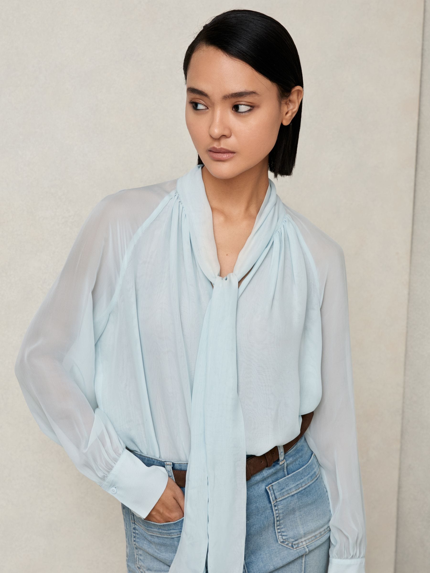 Buy Reiss Pale Blue Tina Silk-Blend Chiffon Tie-Neck Blouse from