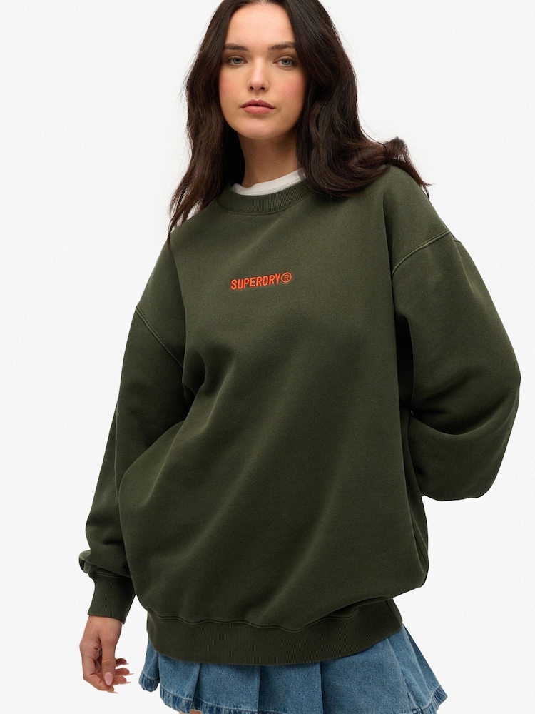 Superdry Green Oversized Micro Logo Graphic Crew Sweatshirt - Image 1 of 7