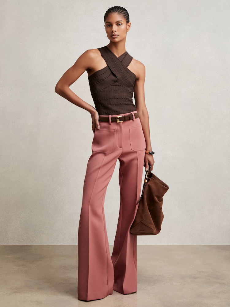 Reiss Pink Priya Twill Patch-Pocket Flared Trousers - Image 1 of 6 Reiss Pink Priya Twill Patch-Pocket Flared Trousers - Image 1 of 6