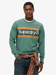Superdry Green 100% Cotton Core Logo Stripe Relaxed Crew Sweatshirt - Image 1 of 6