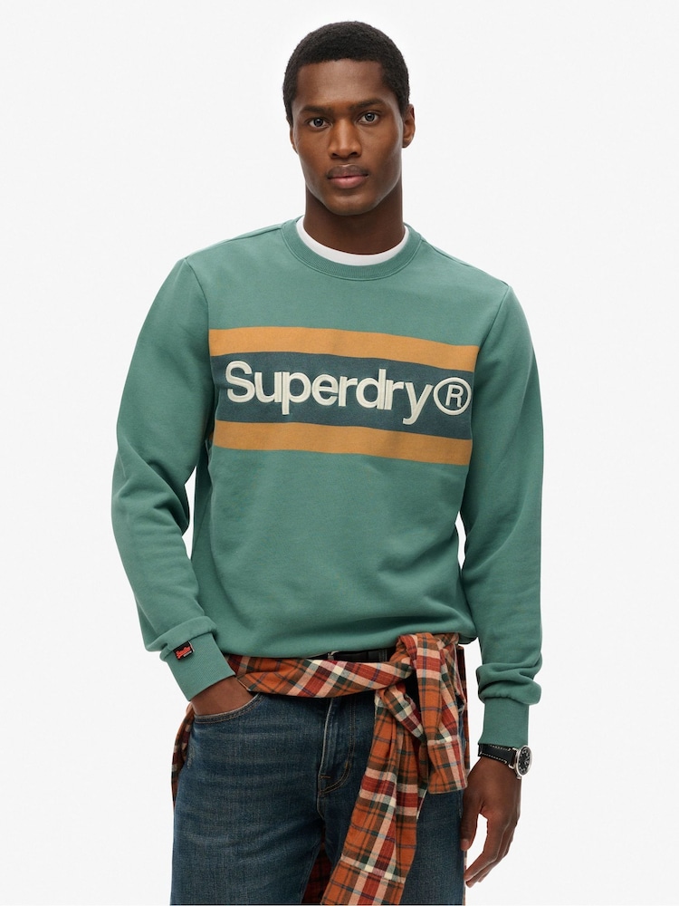 Superdry Green 100% Cotton Core Logo Stripe Relaxed Crew Sweatshirt - Image 1 of 6