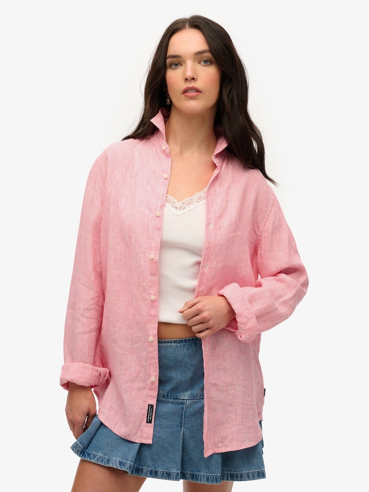 Superdry Pink Oversized 100% Cotton Casual Linen Long Sleeve Shirt - Image 1 of 7