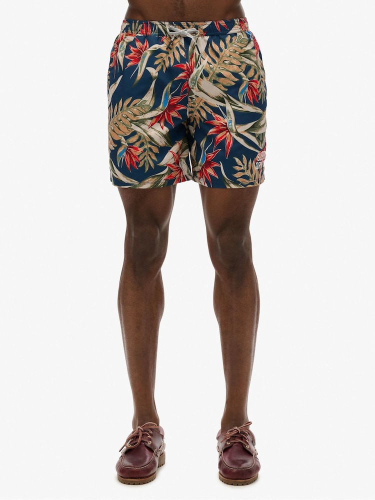 Superdry Navy Blue Hawaiian Print 17 Swim Shorts - Image 1 of 8