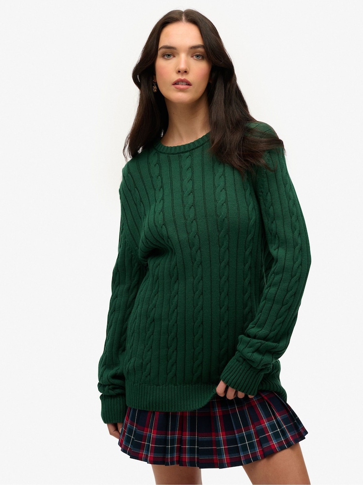 Superdry Green Oversized 100% Cotton Classic Cable Knit Crew Jumper - Image 1 of 5