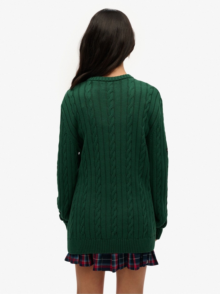 Superdry Green Oversized 100% Cotton Classic Cable Knit Crew Jumper - Image 2 of 5