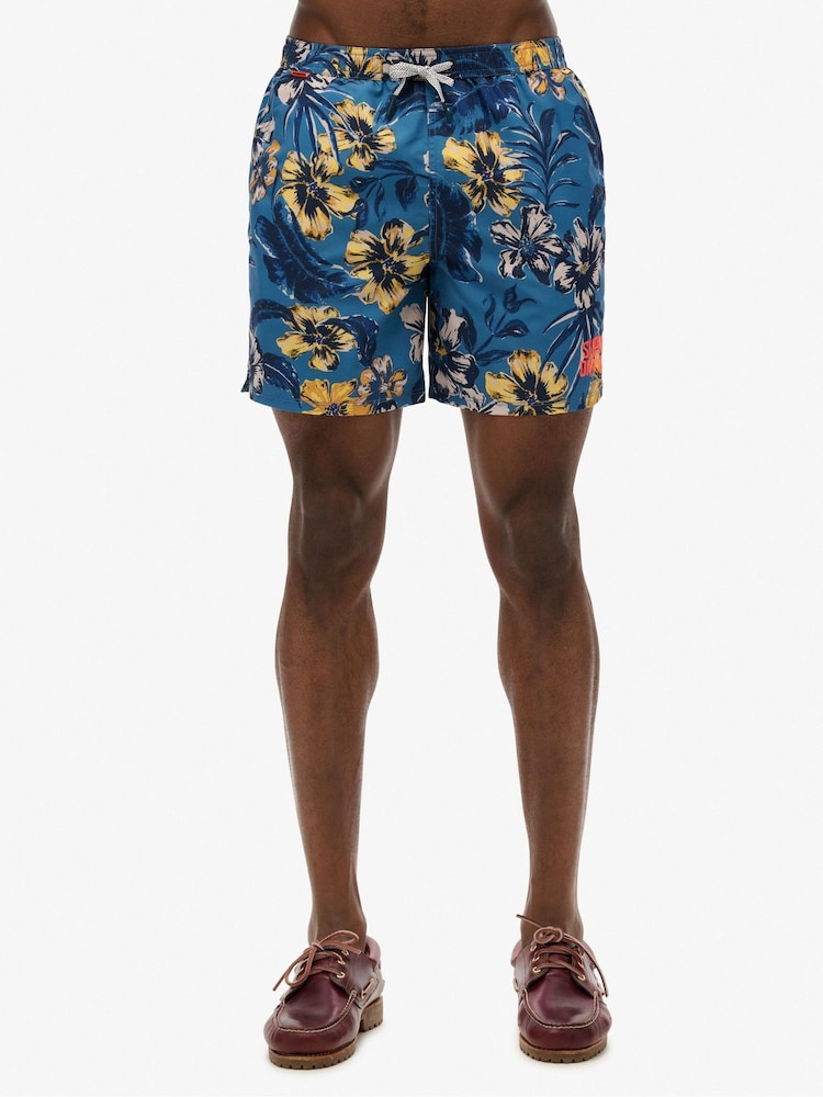 Superdry Dark Blue Hawaiian Print 17 Swim Shorts - Image 1 of 1