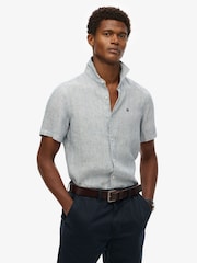 Superdry Blue Embroidered Vacation 100% Linen Shirt - Image 1 of 6