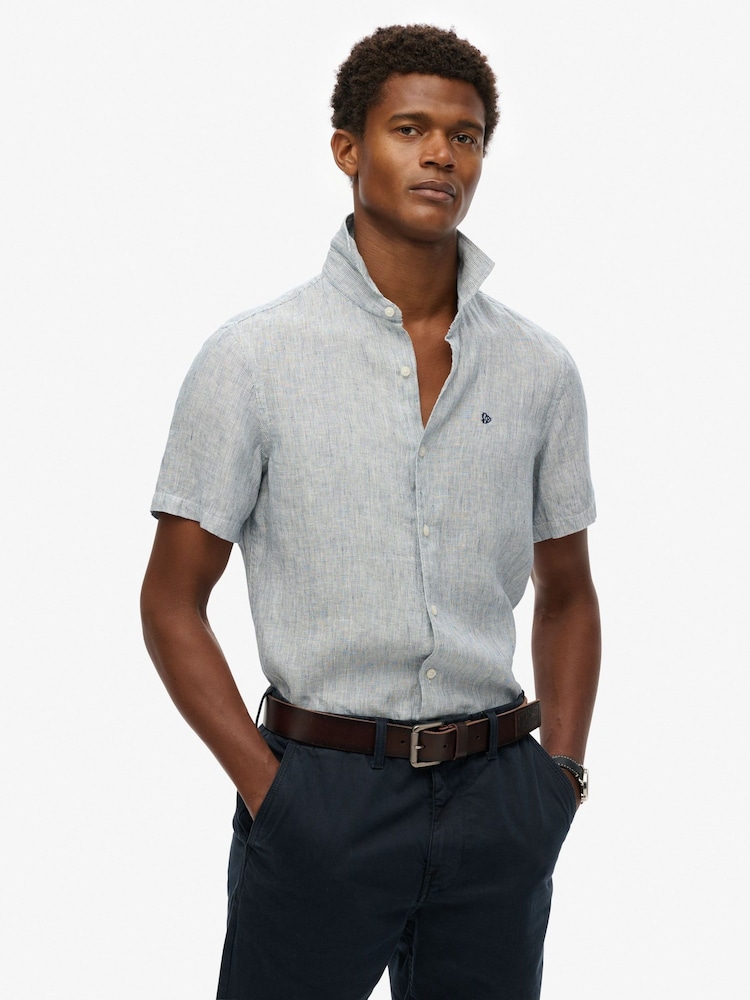 Superdry Blue Embroidered Vacation 100% Linen Shirt - Image 1 of 6