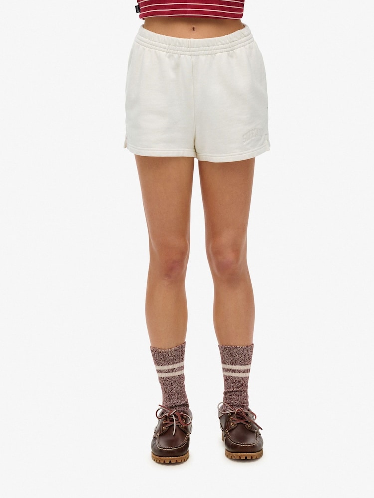Superdry White Athletic Tonal Embroidered 100% Cotton Shorts - Image 1 of 7