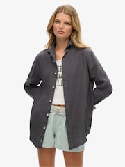 Superdry Grey Oversized Casual 100% Linen Long Sleeve Shirt - Image 1 of 7