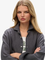 Superdry Grey Oversized Casual 100% Linen Long Sleeve Shirt - Image 4 of 7