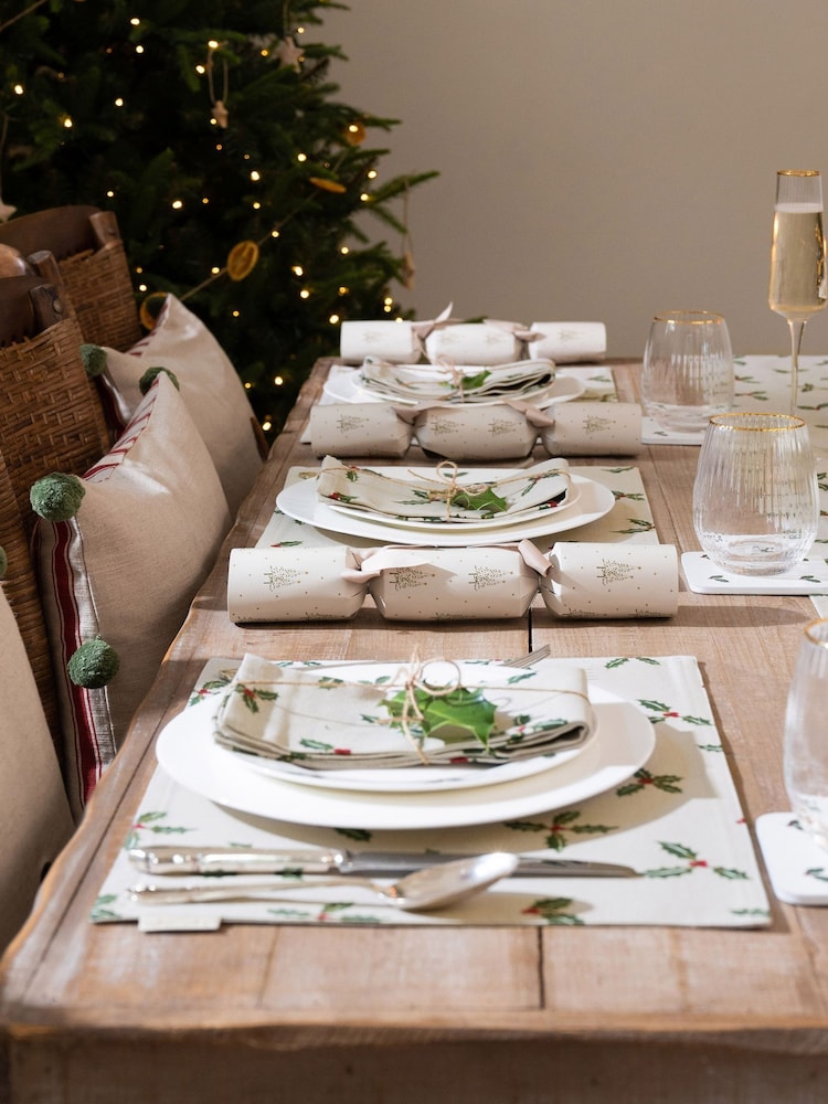 Sophie Allport Set of 2 Natural Holly & Berry Linen Fabric Table Placemats - Image 1 of 2