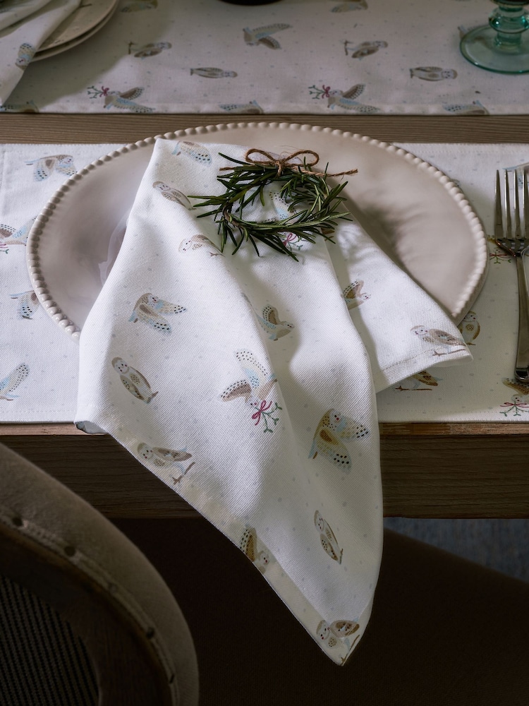 Sophie Allport Set of 4 Off White Snowy Owls Napkins - Image 1 of 3